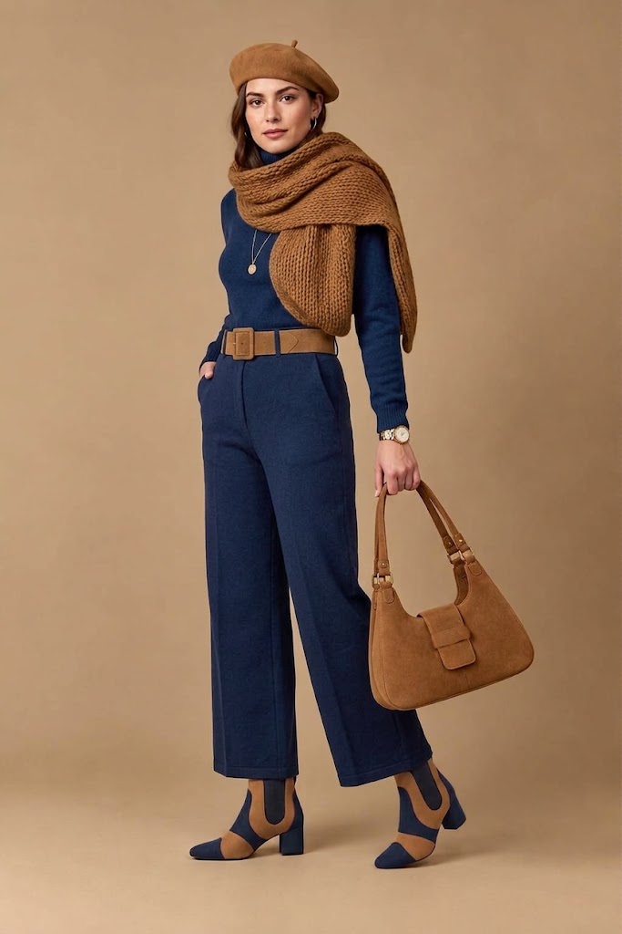 Dress ankle boots side elastics in navy blue and camel beige leather with low flare heels and round toe - Top view